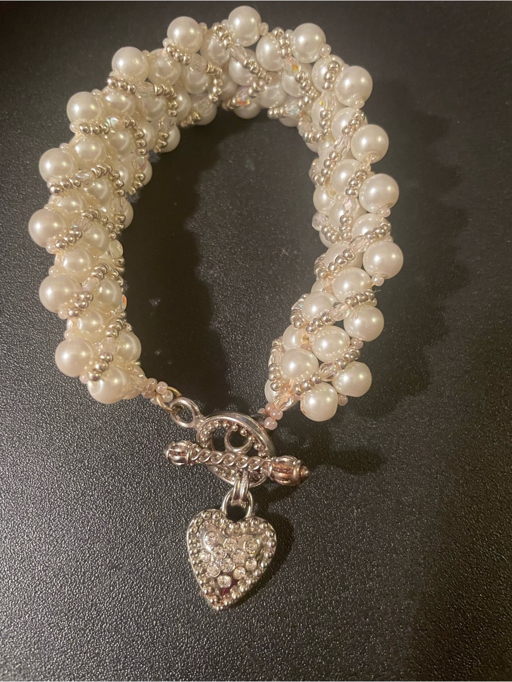 Faux Pearl Cluster Bracelet with Heart Charm - White/Silver